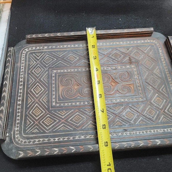 Hand carved wood serving tray serving platter Ethnic carvings geometric design - Picture 5 of 6